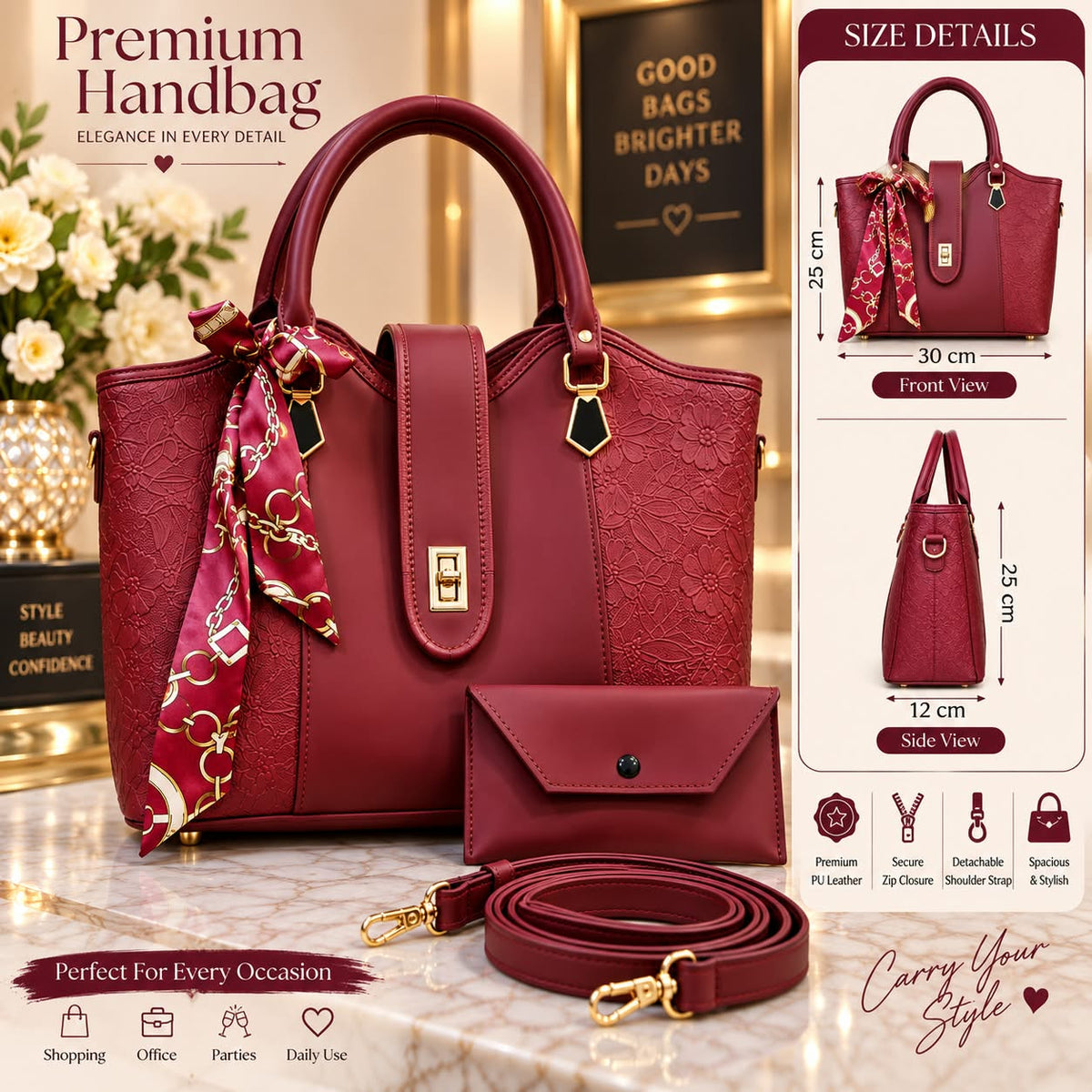 👜 Premium Handbag Set —  ✨ Elegant Floral Embossed Collection ✨