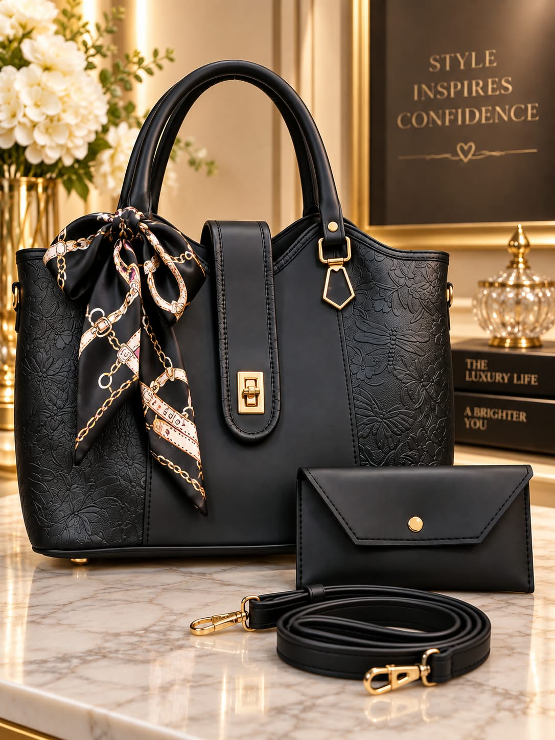 👜 Premium Handbag Set —  ✨ Elegant Floral Embossed Collection ✨