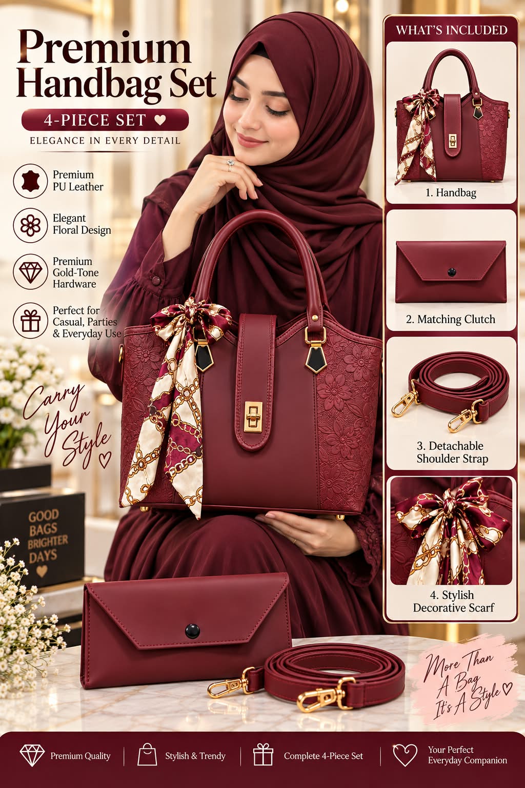 👜 Premium Handbag Set —  ✨ Elegant Floral Embossed Collection ✨