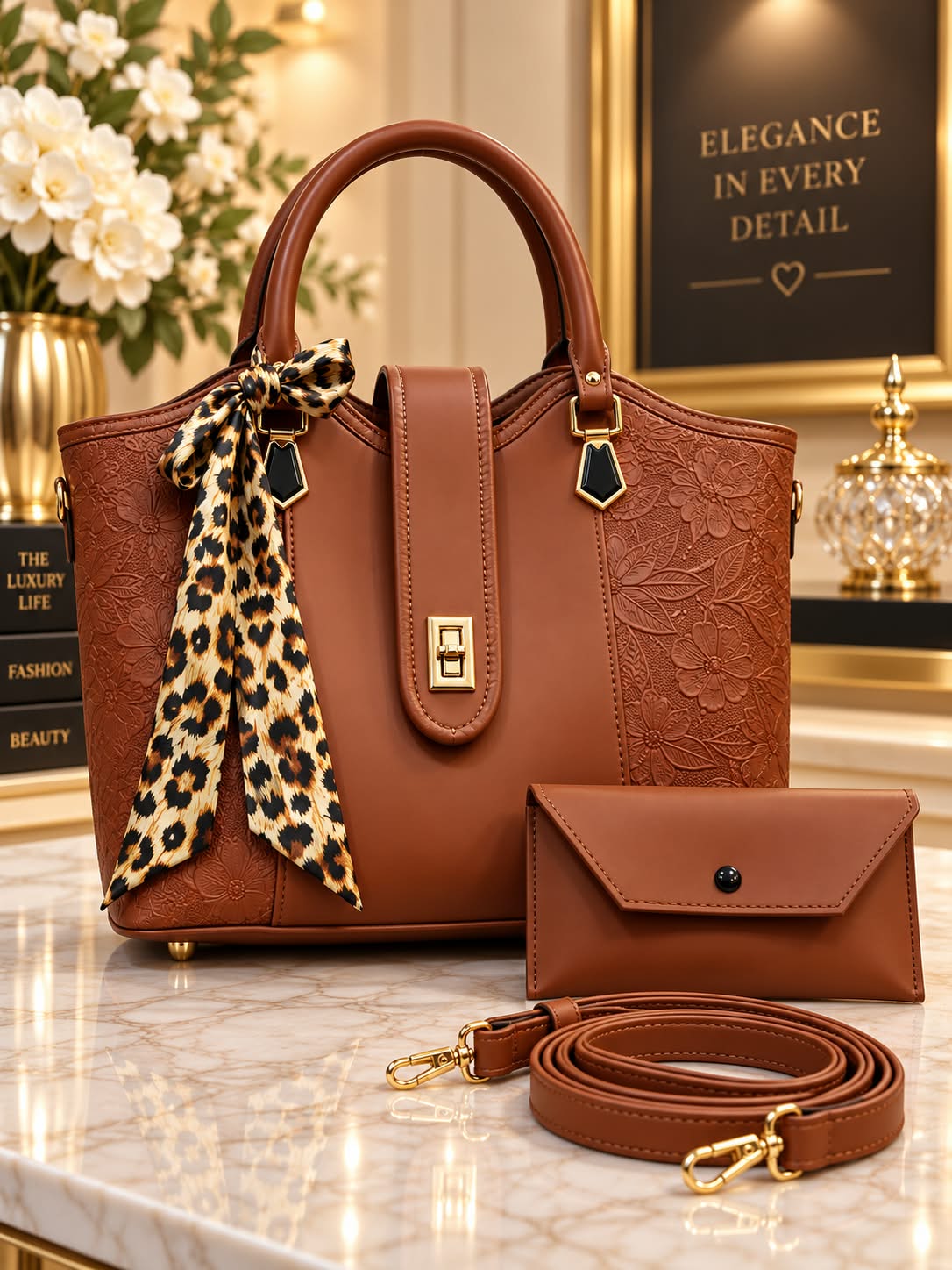 👜 Premium Handbag Set —  ✨ Elegant Floral Embossed Collection ✨