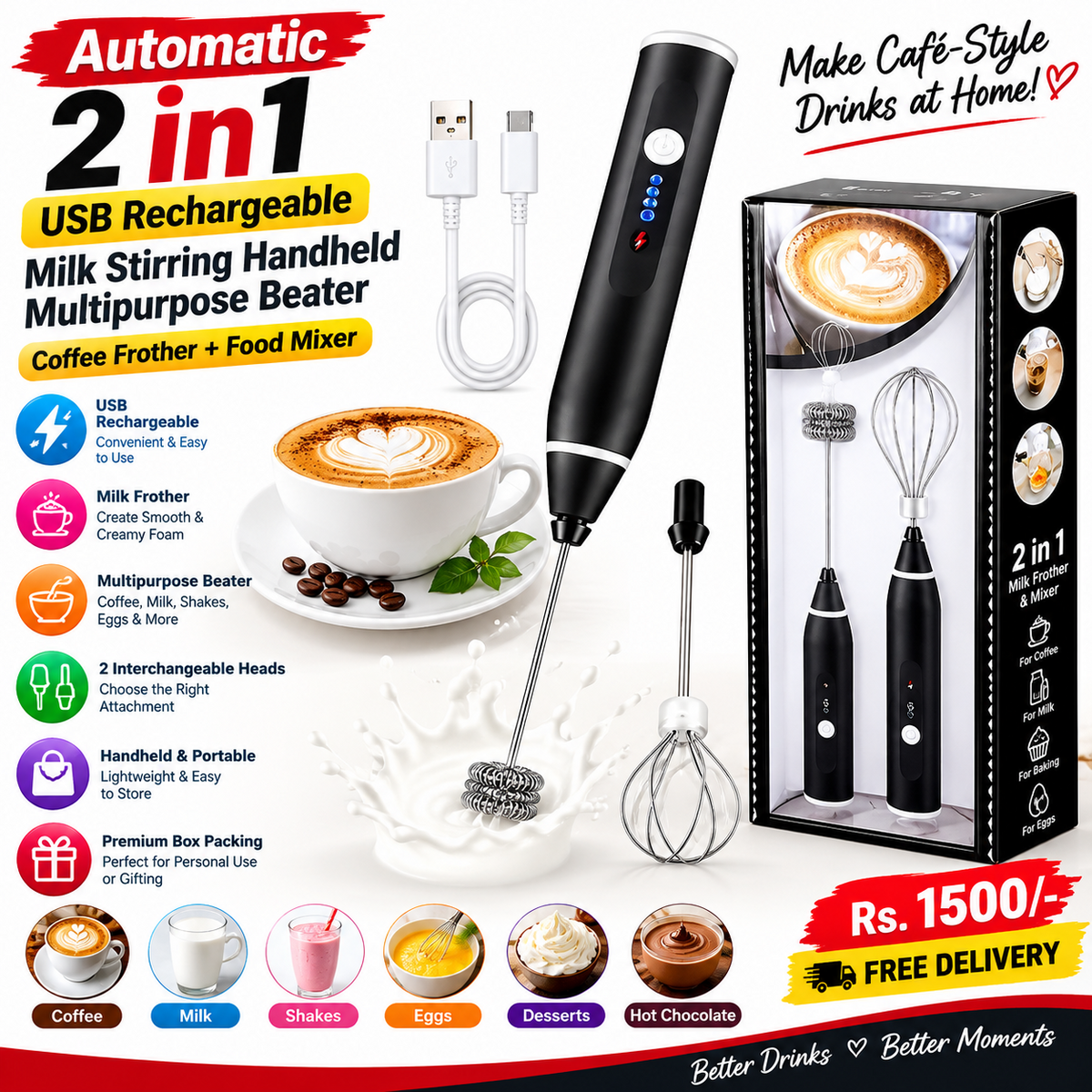 ☕ Automatic 2-in-1 USB Rechargeable Milk Frother & Coffee Beater ✨  🥛 Make Café-Style Drinks at Home! ☕